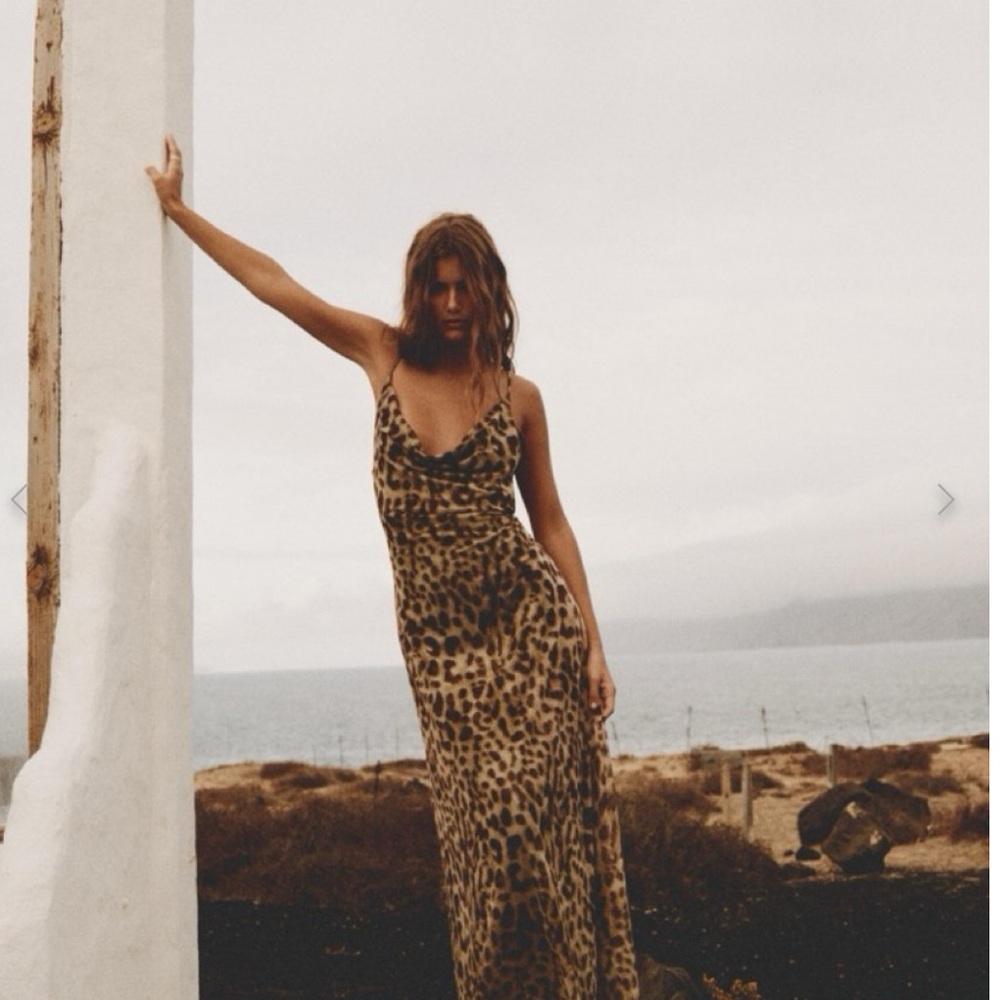 Zara Leopard Print Slip Midi Dress in Brown and Tan